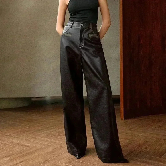 Black Elegant Women's Vintage Washed-Look Long Pants - Picture 2 of 7